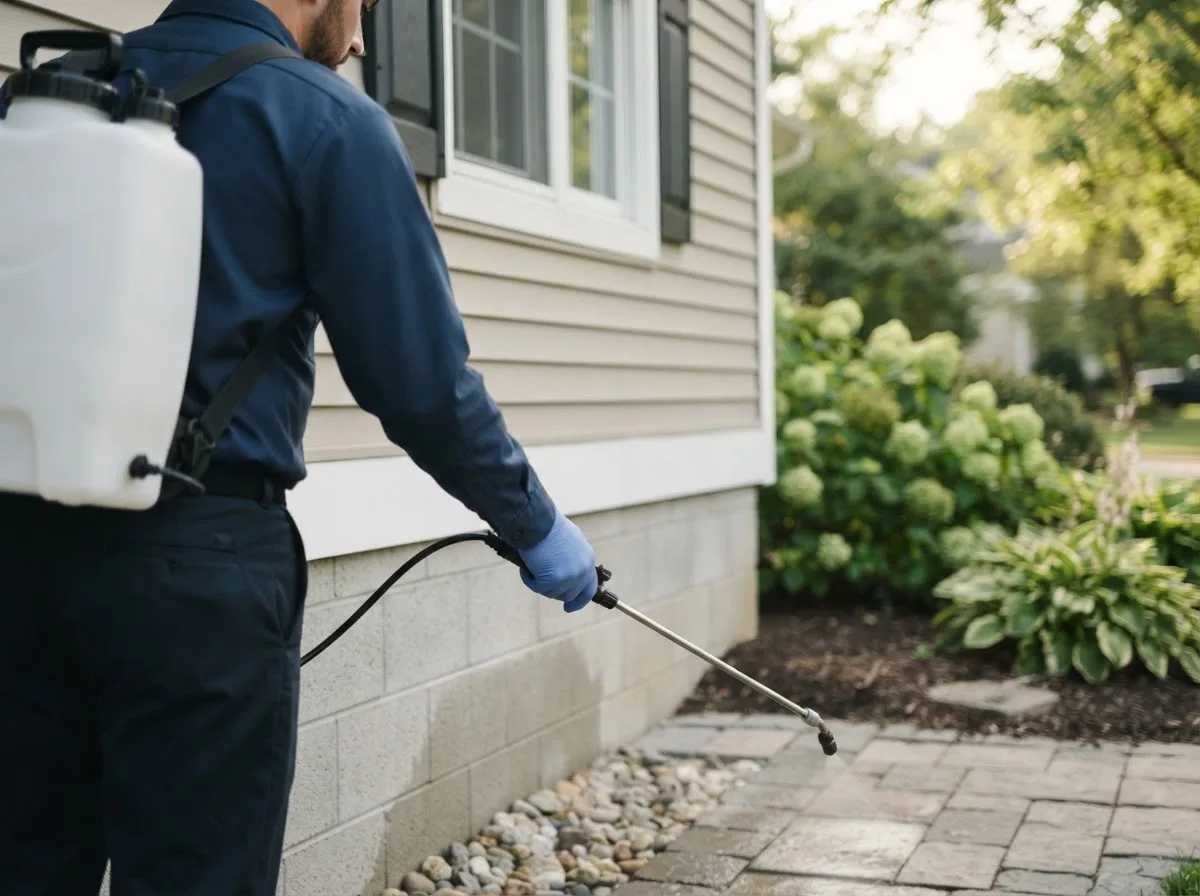 Pest control technician inspecting a home in Clam Lake, WI